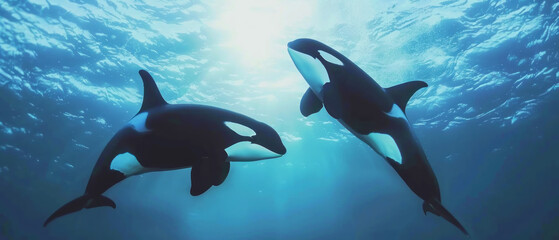 Graceful Orcas in Natural Habitat, Orca Pod Swimming in Ocean, Orca Family exhibiting grace and agility in their natural habitat. - obrazy, fototapety, plakaty