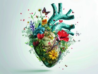A conceptual artwork of an anatomical heart intertwined with vibrant flowers and fauna on a light background.
