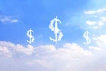 Money making. US dollar signs in the clouds. Clouds shaped as USA dollar currency symbols. Dollar...