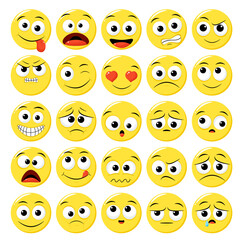 Fototapeta premium Collection of emoticons with different mood. Set of volumetric cartoon emoji faces in different expressions - happy, sad, cry, fear, crazy. Vector illustration EPS8