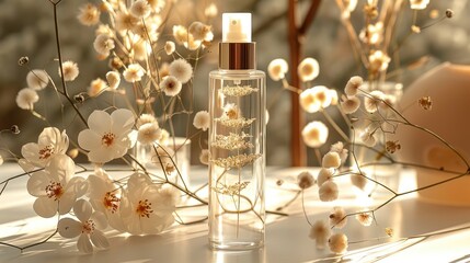 Elegant Perfume Bottle Amidst Blossoming Flowers in Golden Light