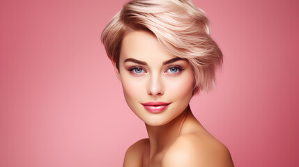 Fototapeta premium Portrait of a beautiful, sexy Caucasian woman with perfect skin and white short hair, on a pink background.