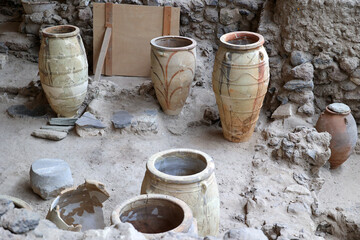 Amphorae at the Akrotiri Archaeological Site on the Greek Cyclades island of Santorini-Greece