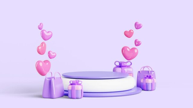 Podium display with gift boxes, shopping bags and red pink hearts 3d render animation. Valentine or wedding day empty stage, platform with love package for product presentation on purple background.