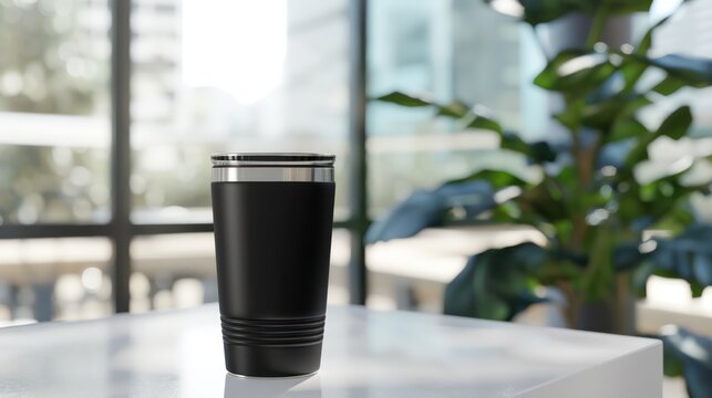 Black stainless steel tumbler on white table for promotional use, with copy space for customization. Background includes green plant and office setting