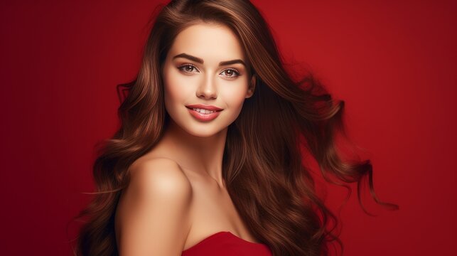 Portrait of a beautiful, sexy happy smiling woman with perfect skin and long hair, on a red background, banner.
