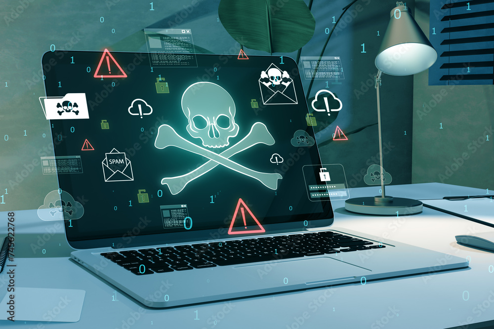 Poster Computer laptop displaying piracy and cyber threat warnings, symbolizing security risk management and digital data safety