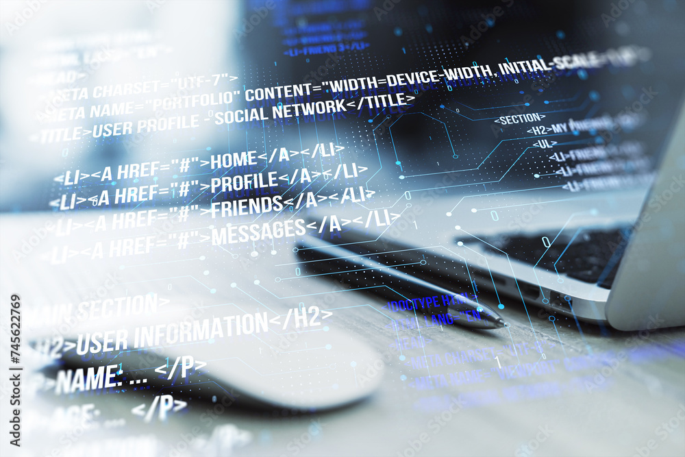 Poster Image showing a modern laptop with digital code overlay depicting software development concepts in the foreground
