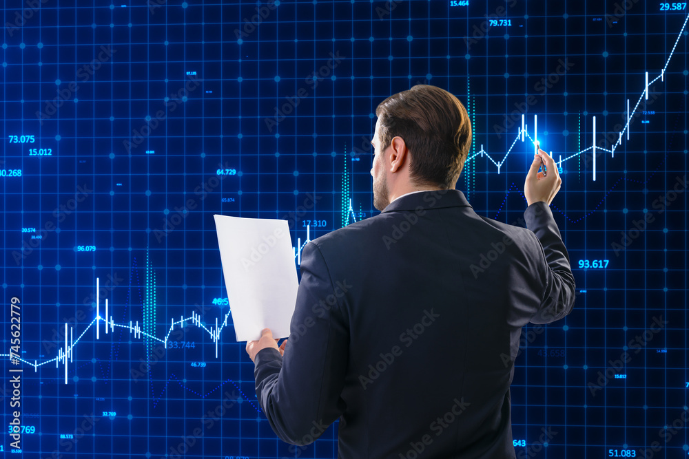 Aufkleber back view of attractive young european businessman with paperwork using creative growing business ch