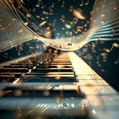 piano keyboard with golden musical notes floating