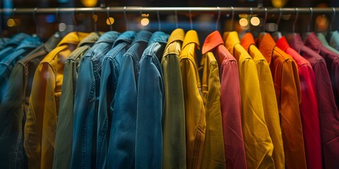 Vibrant Shirts showcased on a Clothing Rack in a Retail Store. Concept Colorful Fashion, Retail Display, Clothing Rack, Vibrant Shirts