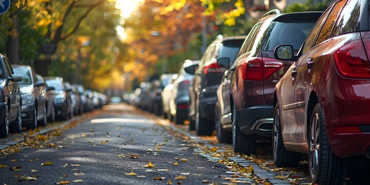 A row of parked cars lining a busy urban street. Concept Cityscape, Urban Transportation, Street Scene, Commuter Traffic, Downtown Parking
