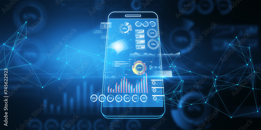 Poster Image portrays a smartphone with an advanced data analysis display, surrounded by digital data points and connections. 3D Rendering
