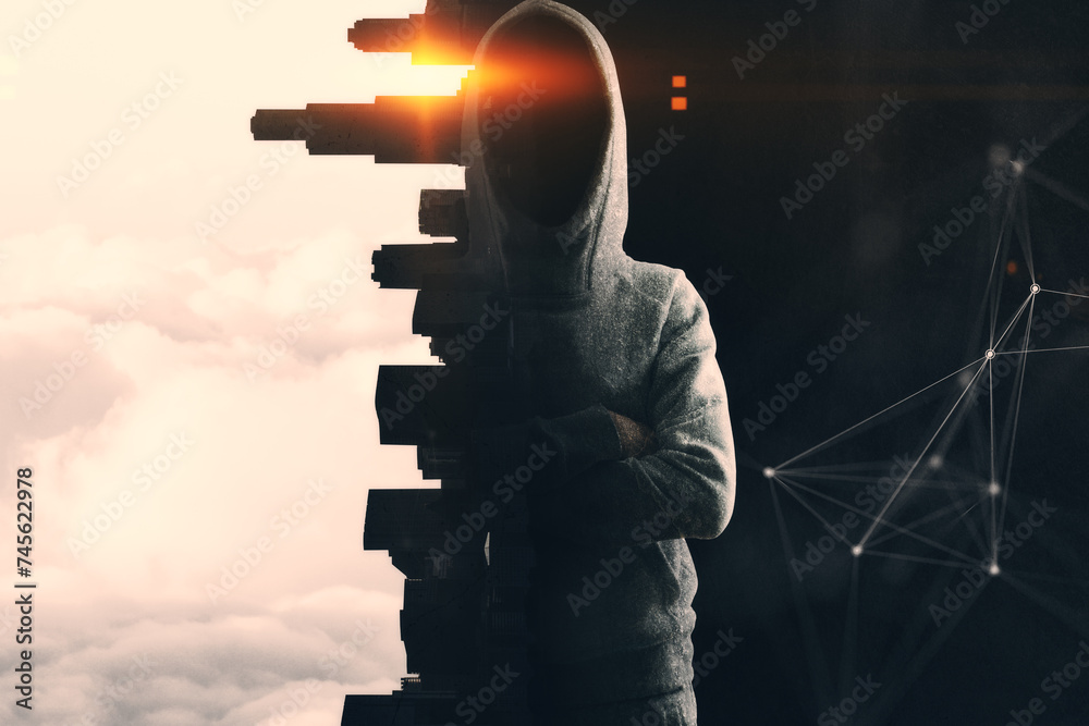 Poster hacker in hoodie standing on abstract concrete city and sunset polygonal background. hacking and mal