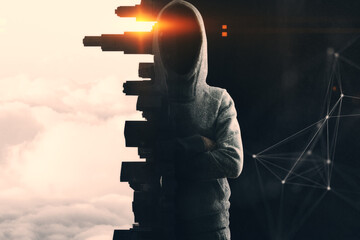 Hacker in hoodie standing on abstract concrete city and sunset polygonal background. Hacking and...