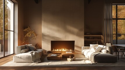 A cozy, minimalist living room bathed in warm sunlight, with plush furniture arranged around a crackling fireplace.