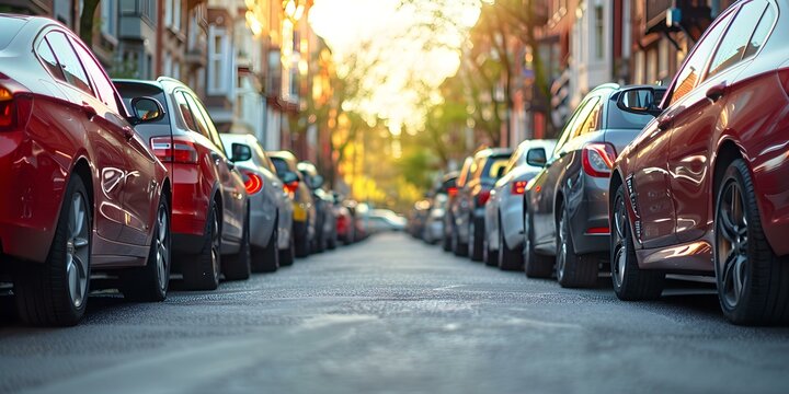 Cars parked along a bustling city street. Concept Cityscape, Urban Life, Commuting, Traffic, Street Photography
