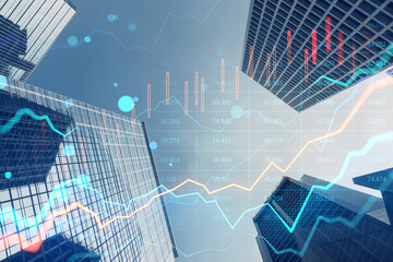 Multiple stock graphs and numerical data overlaid on a cityscape, representing the finance and...