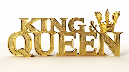 3d golden word king and queen Letter on white background