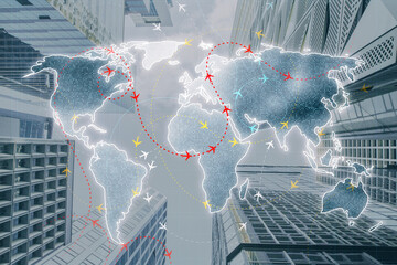 World map with flight routes over skyscrapers highlights global connectivity and international...