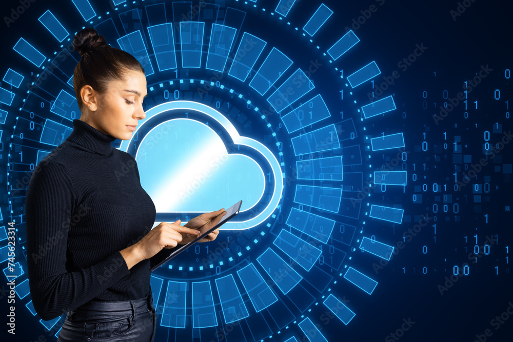 Poster Attractive young european woman using smartphone with creative glowing cloud computing hologram with binary coding on dark blue background. Digital server, support and network concept.