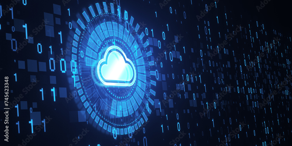 Poster Creative glowing cloud computing hologram with binary coding on dark blue backdrop. Digital server, support and network concept. 3D Rendering.