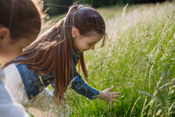 Sisters looking at ladybug, insect on grass, using magnifying glass. Young family on walk during warm spring day. Concept of family bonding.