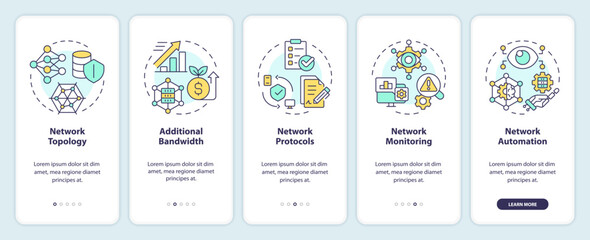 Practices for managing networks onboarding mobile app screen. Walkthrough 5 steps editable graphic instructions with linear concepts. UI, UX, GUI template. Myriad Pro-Bold, Regular fonts used