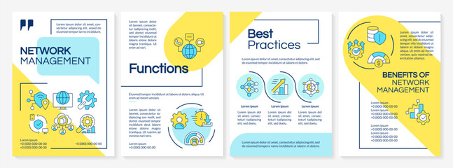Network infrastructure management blue and yellow brochure template. Leaflet design with linear icons. Editable 4 vector layouts for presentation, annual reports. Questrial-Regular, Lato fonts used © bsd studio