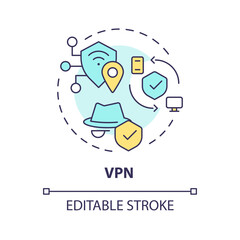 Vpn connection type multi color concept icon. Cybersecurity data protection. Network vulnerability security monitoring. Round shape line illustration. Abstract idea. Graphic design. Easy to use
