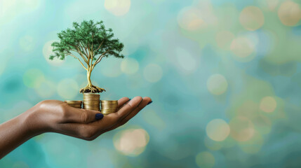 human hand holding a small tree that has grown on top of a stack of golden coins - obrazy, fototapety, plakaty