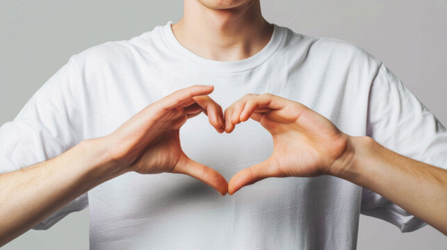 person forming a heart shape with their hands against a plain background.