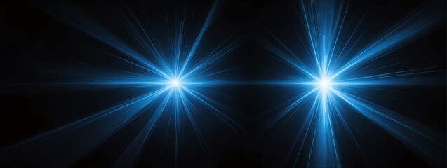 Wide angle panoramic view of a blue flare of light ray on plain black background from Generative AI