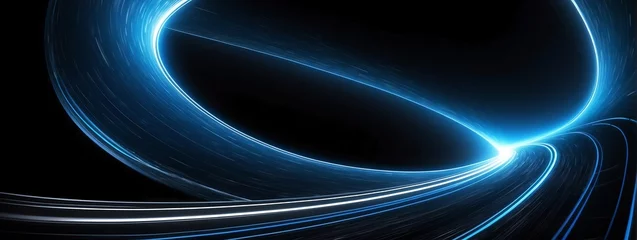 Foto op Plexiglas Wide angle panoramic view of a blue speed of light curved motion path concept rays on plain black background from Generative AI © sevenSkies