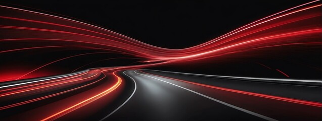 Wide angle panoramic view of a red speed of light curved motion path concept rays on plain black background from Generative AI - obrazy, fototapety, plakaty