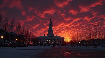 Historic Town Hall under Orange Sunset Sky in Winter