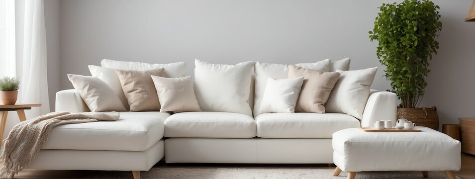Wide angle panoramic view of cozy white couch with pillows on living room area background from Generative AI