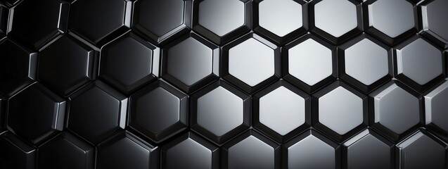 Wide angle panoramic view of shiny black metallic hexagonal surface texture background wallpaper from Generative AI