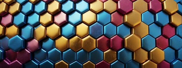Wide angle panoramic view of shiny colorful metallic hexagonal surface texture background wallpaper from Generative AI
