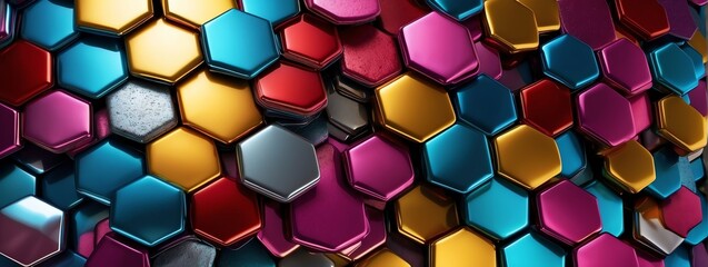 Wide angle panoramic view of shiny colorful metallic hexagonal surface texture background wallpaper from Generative AI