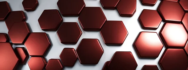 Tapeten Wide angle panoramic view of shiny red metallic hexagonal surface texture background wallpaper from Generative AI © sevenSkies