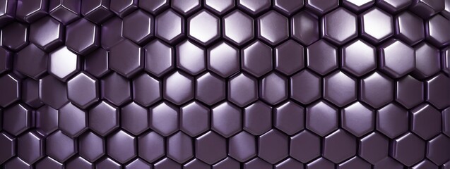 Wide angle panoramic view of shiny purple metallic hexagonal surface texture background wallpaper from Generative AI