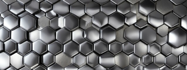 Wide angle panoramic view of shiny silver metallic hexagonal surface texture background wallpaper from Generative AI