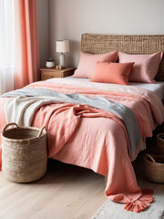Embrace Tranquility, A Scandinavian Bedroom Oasis with Coral Pink Accents