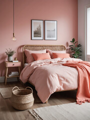 Embrace Tranquility, A Scandinavian Bedroom Oasis with Coral Pink Accents