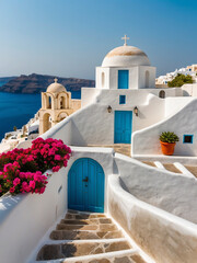 Naklejka premium Santorini Elegance, Serene White Building with a Splash of Colorful Charm