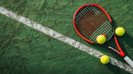 A tennis racket and ball on a green tennis court with white boundary lines.