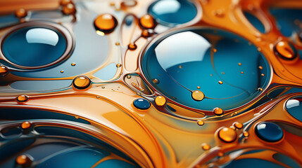 Macro photography of clear and amber colored water droplets on a reflective blue surface with a blurred background.