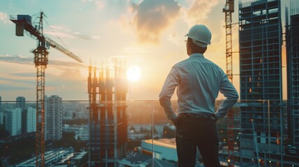 Engineer with safety helmet on construction site background at sunset thinking about his plans - obrazy, fototapety, plakaty