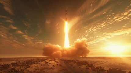 Majestic Rocket Launch At Sunset With Dramatic Clouds. The Spirit Of Exploration And Adventure In Space Travel. International Day of Human Space Flight. AI Generated - obrazy, fototapety, plakaty